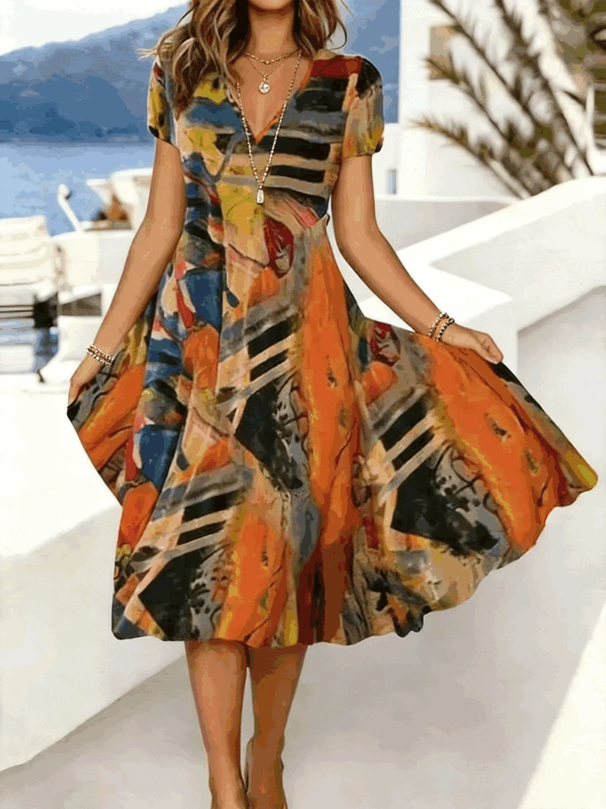 Vestido midi de línea A abstracto con escote en pico y manga corta