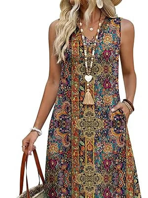 Vestido boho de línea A holgado de flores con escote en pico, sin mangas — foto 2