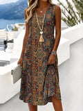 Vestido boho de línea A holgado de flores con escote en pico, sin mangas