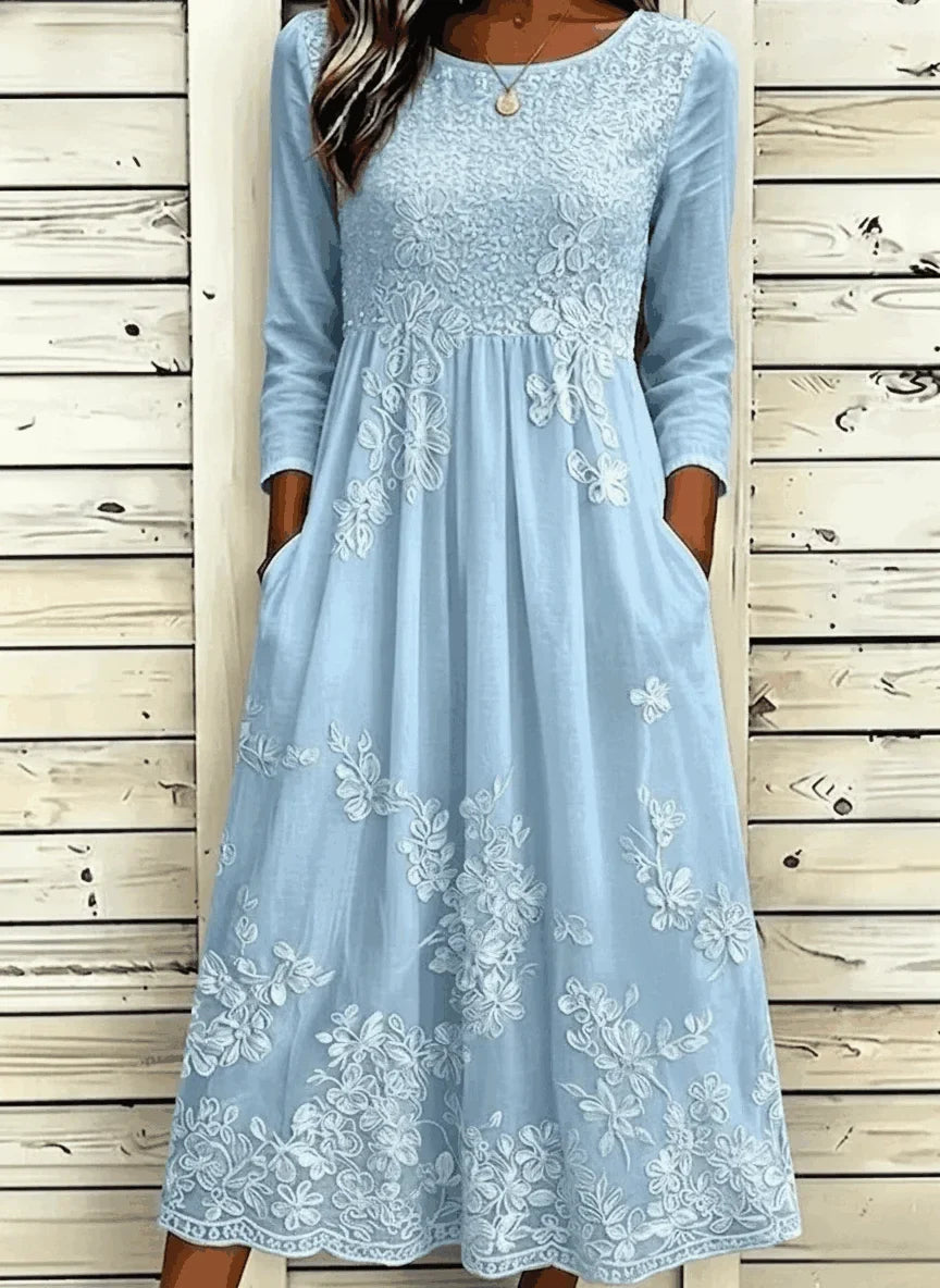 Vestido largo de línea A de flores con cuello redondo y bolsillos