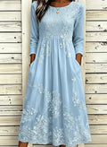 Vestido largo de línea A de flores con cuello redondo y bolsillos
