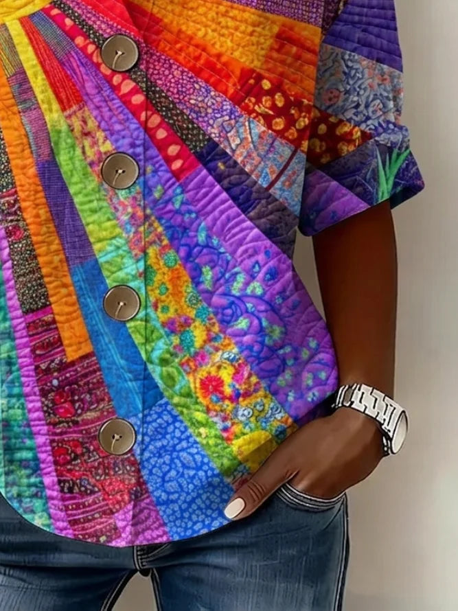 Camisa holgada abstracta con cuello mao y manga larga — foto 2