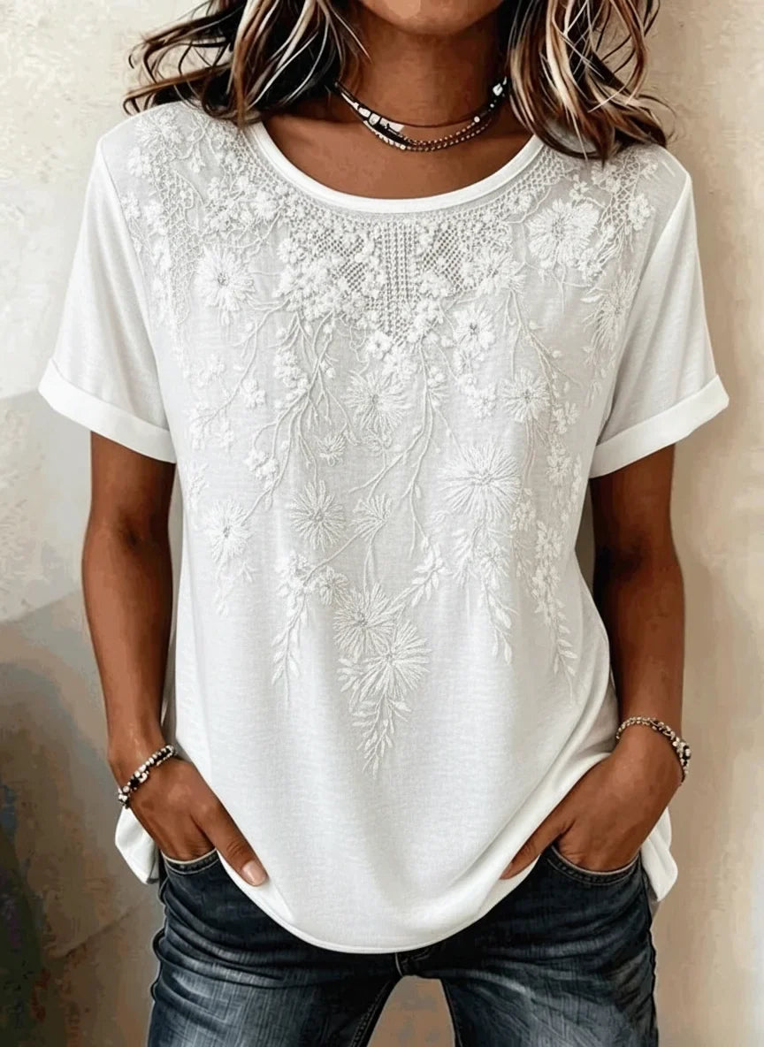 Camisa vintage holgada de flores con cuello redondo y manga corta