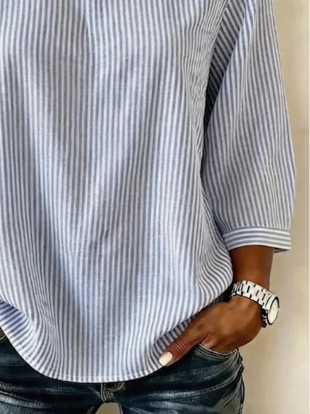 Camisa ligera holgada de rayas con cuello redondo y manga larga — foto 2