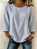 Camisa ligera holgada de rayas con cuello redondo y manga larga
