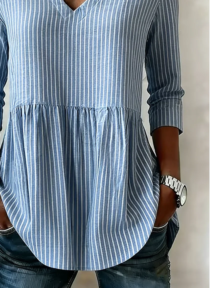 Camisa holgada de rayas con escote en pico y manga larga — foto 2