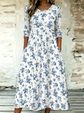 Vestido largo de línea A de flores con cuello redondo y manga francesa