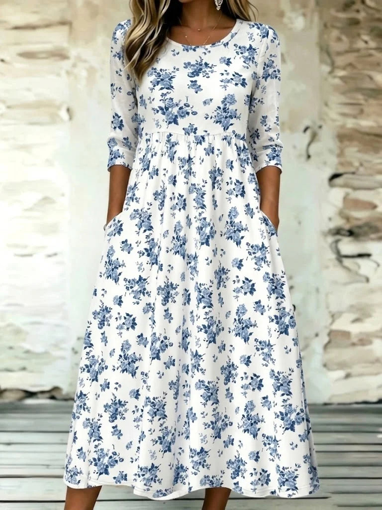 Vestido largo de línea A de flores con cuello redondo y manga francesa