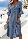 Vestido midi de corte recto de hojas con escote en pico y manga francesa