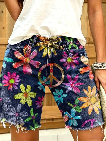 Shorts de flores vaqueros con bajo deshilachado