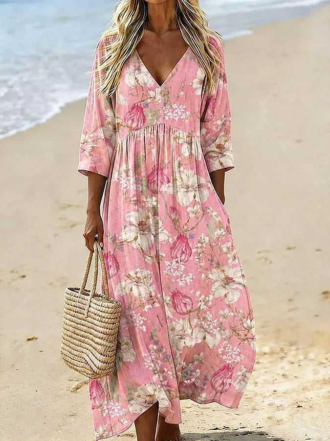 Vestido largo efecto acuarela con escote en pico y bolsillos