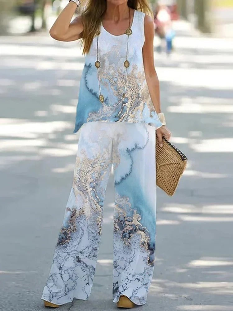 Conjunto elegante de dos piezas holgado estampado con cuello redondo