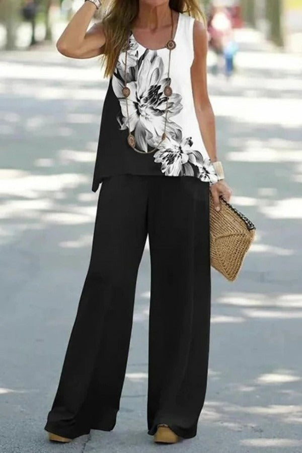 Conjunto elegante de dos piezas de flores con cuello redondo, sin mangas