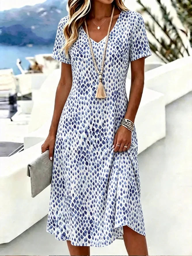 Vestido de línea A efecto acuarela con escote en pico y manga corta
