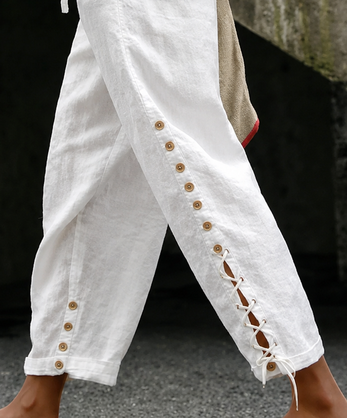 Pantalón de lino blanco con cordón ajustable y cordones — foto 3
