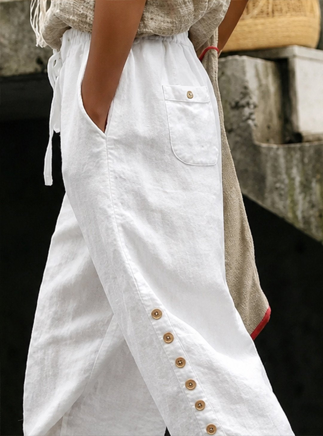 Pantalón de lino blanco con cordón ajustable y cordones — foto 2