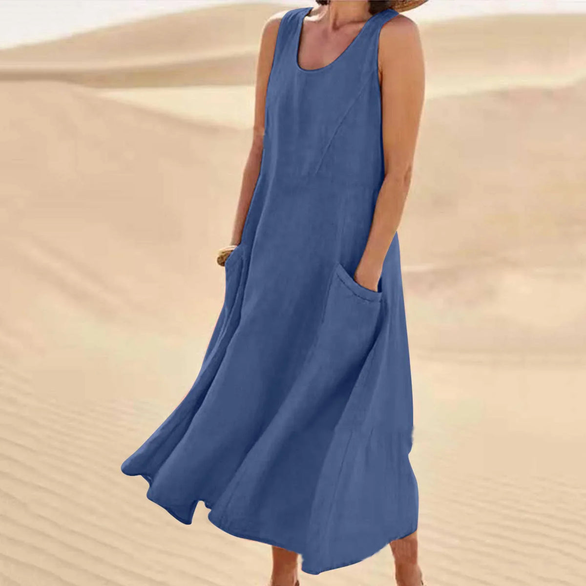 Vestido largo de línea A con cuello redondo y bolsillos, sin mangas — foto 10