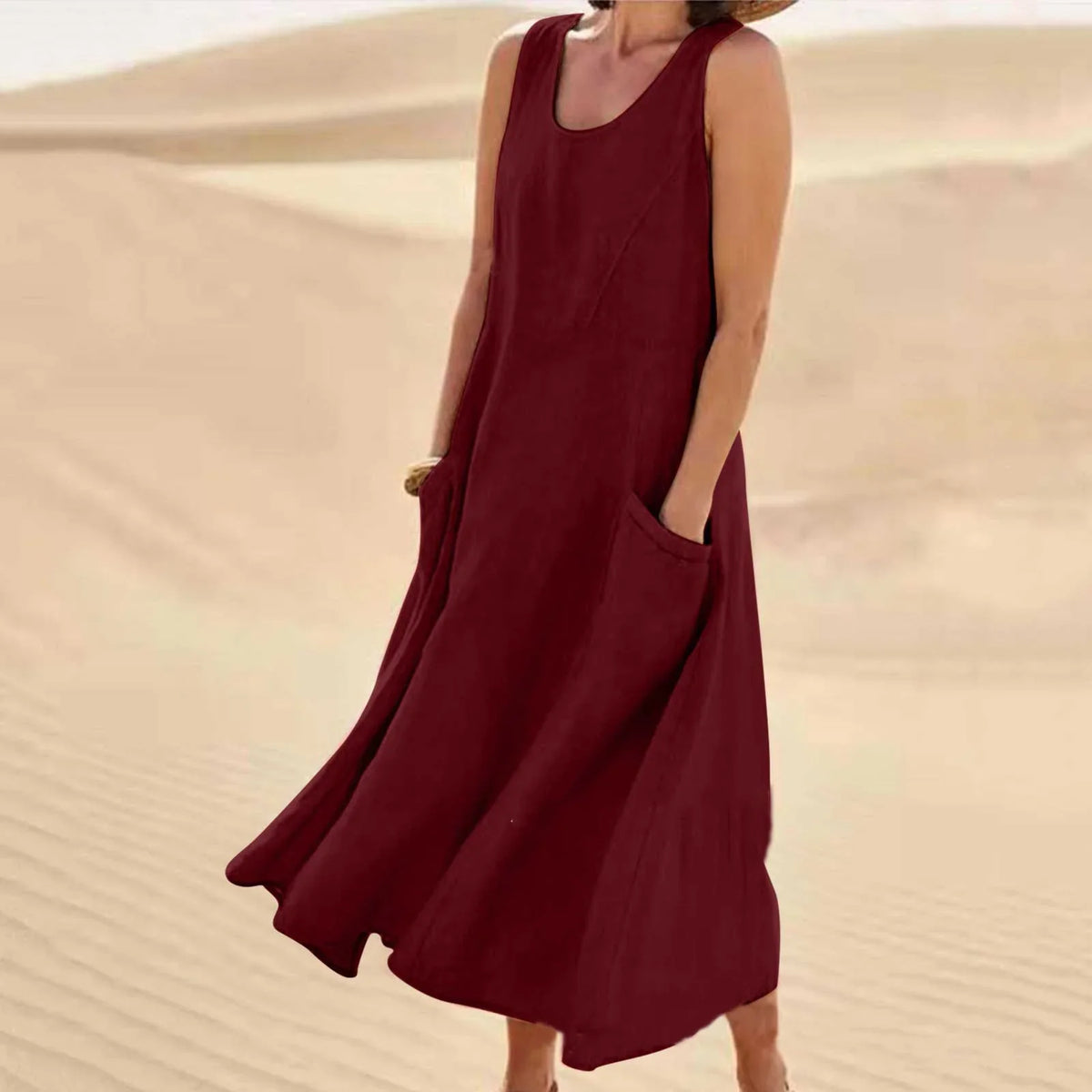 Vestido largo de línea A con cuello redondo y bolsillos, sin mangas — foto 11