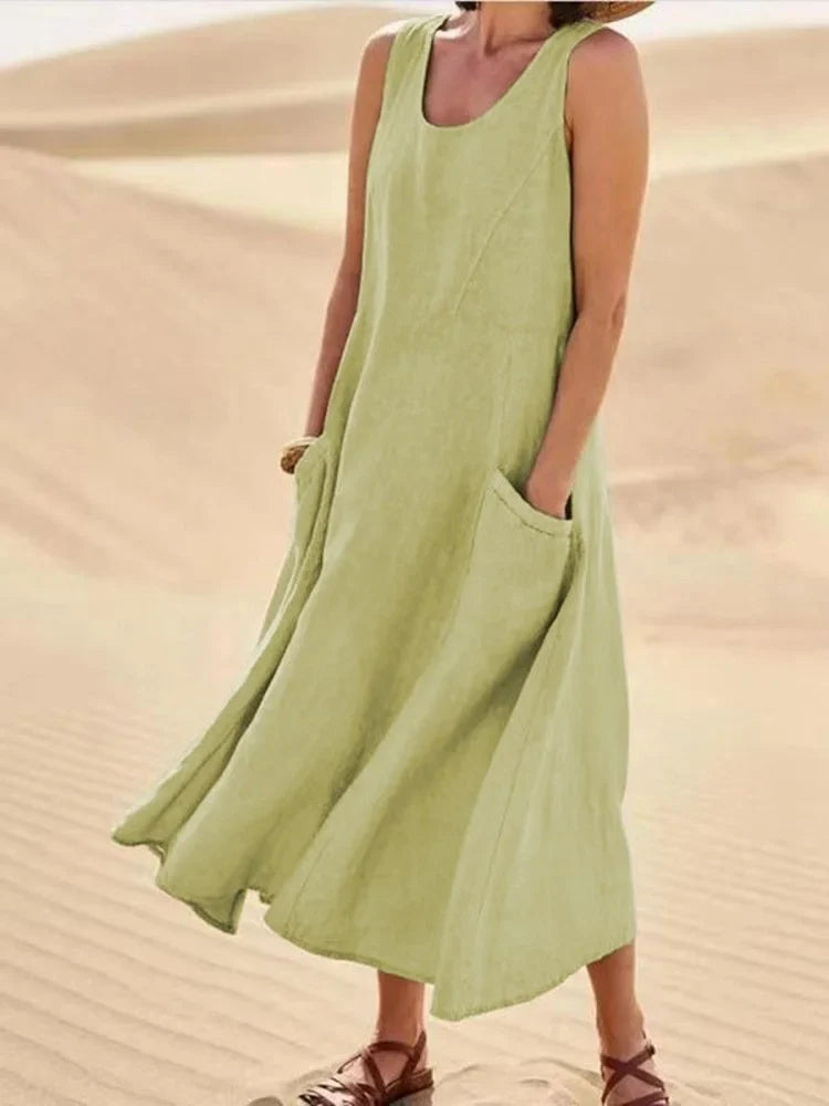 Vestido largo de línea A con cuello redondo y bolsillos, sin mangas — foto 5