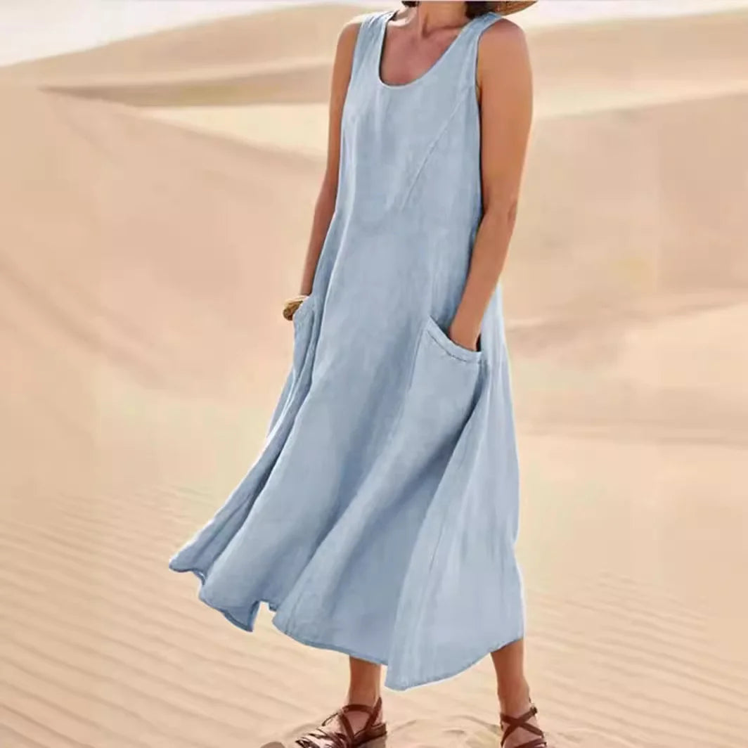 Vestido largo de línea A con cuello redondo y bolsillos, sin mangas — foto 7