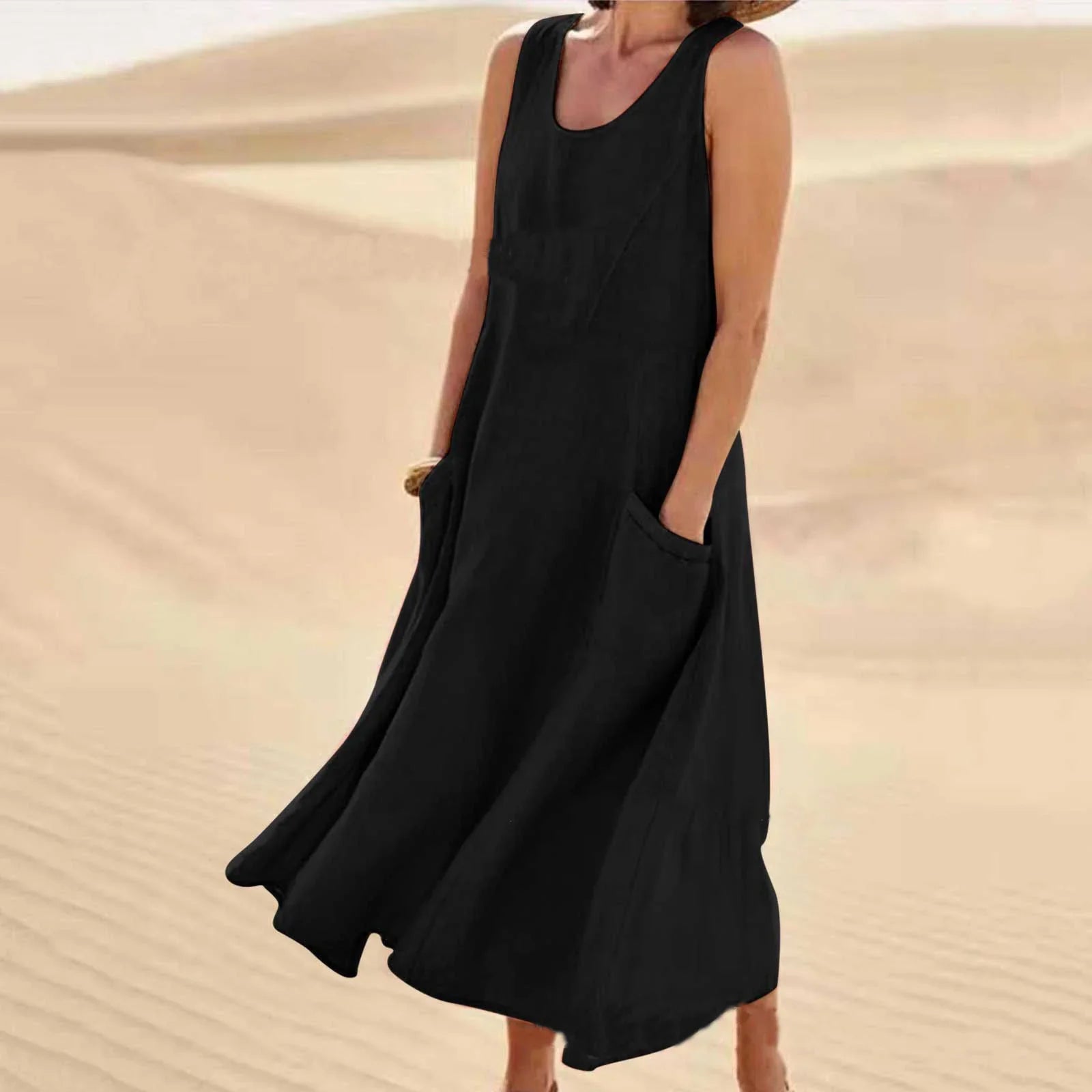 Vestido largo de línea A con cuello redondo y bolsillos, sin mangas — foto 12