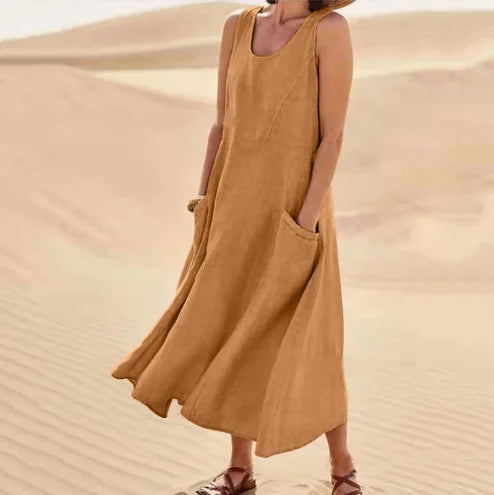 Vestido largo de línea A con cuello redondo y bolsillos, sin mangas — foto 8