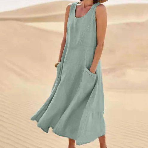 Vestido largo de línea A con cuello redondo y bolsillos, sin mangas — foto 9