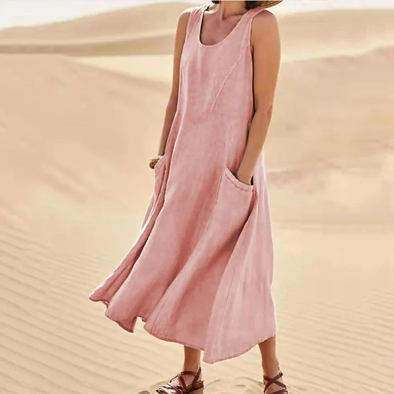 Vestido largo de línea A con cuello redondo y bolsillos, sin mangas — foto 3