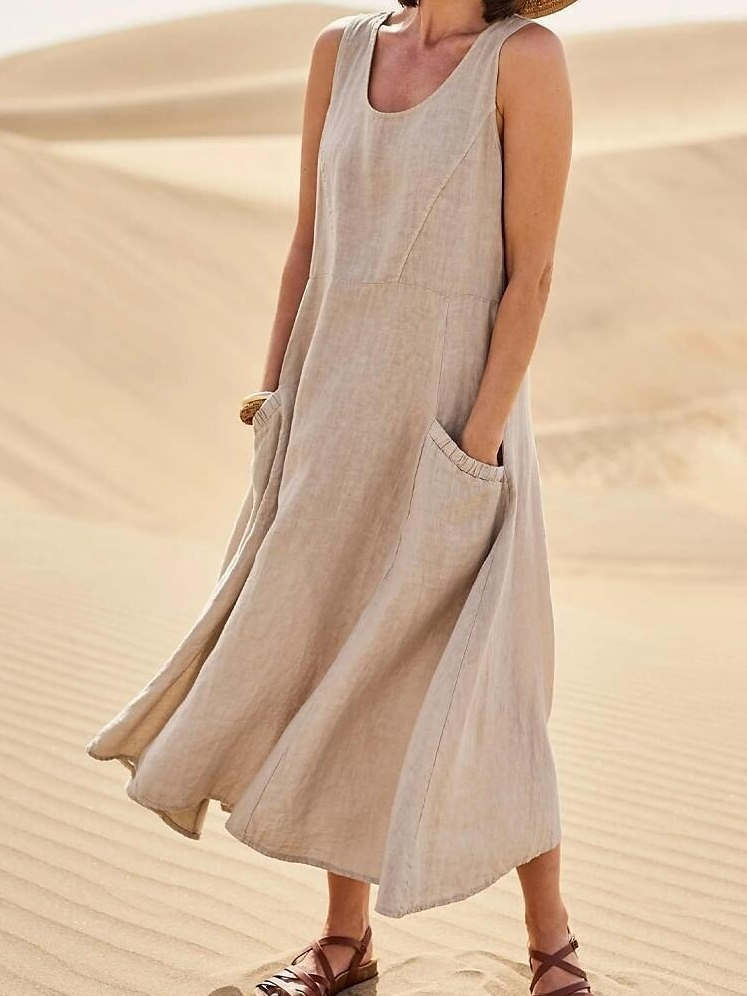 Vestido largo de línea A con cuello redondo y bolsillos, sin mangas — foto 2