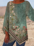 Blusa casual de flores verde con cuello redondo y manga larga · Kaia