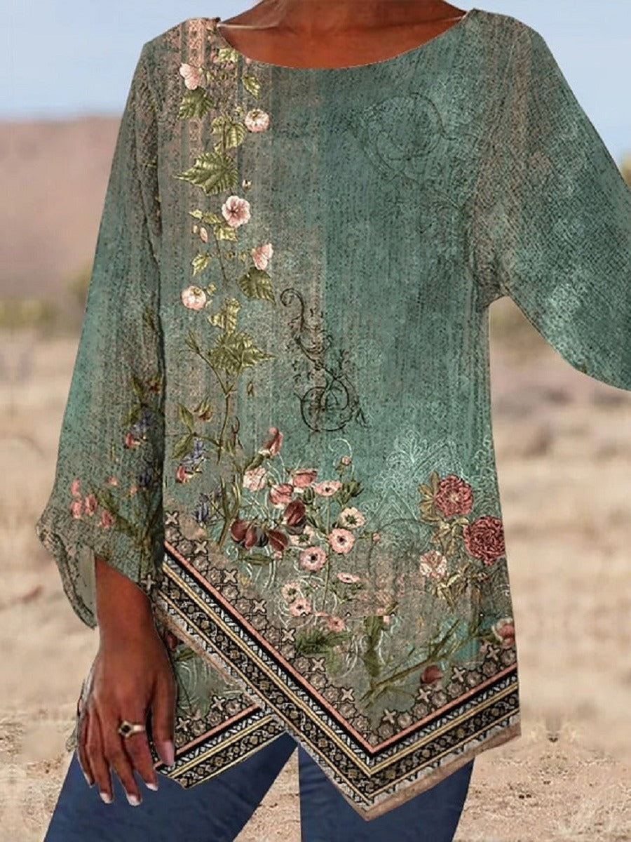 Blusa casual de flores verde con cuello redondo y manga larga · Kaia