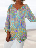 Blusa casual estampada con escote en pico y manga larga