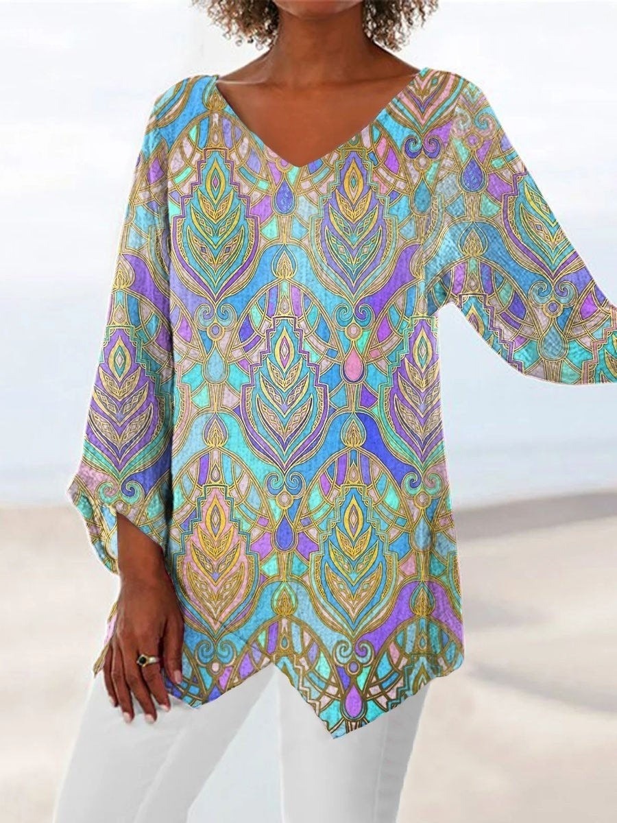 Blusa casual estampada con escote en pico y manga larga