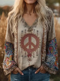 Camisa boho de flores con escote en pico y manga larga