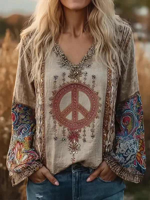 Camisa boho de flores con escote en pico y manga larga