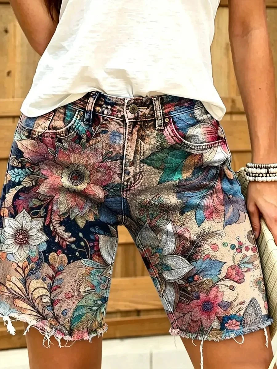 Shorts casual de flores vaqueros