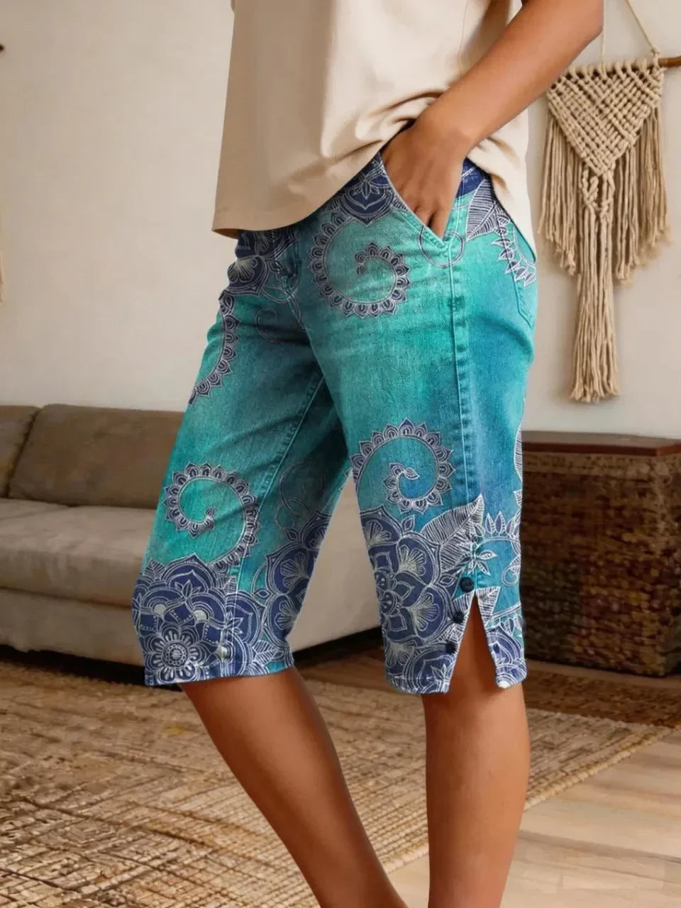 Shorts vintage de flores vaqueros azules