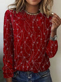 Blusa casual estampada roja con cuello redondo y manga larga