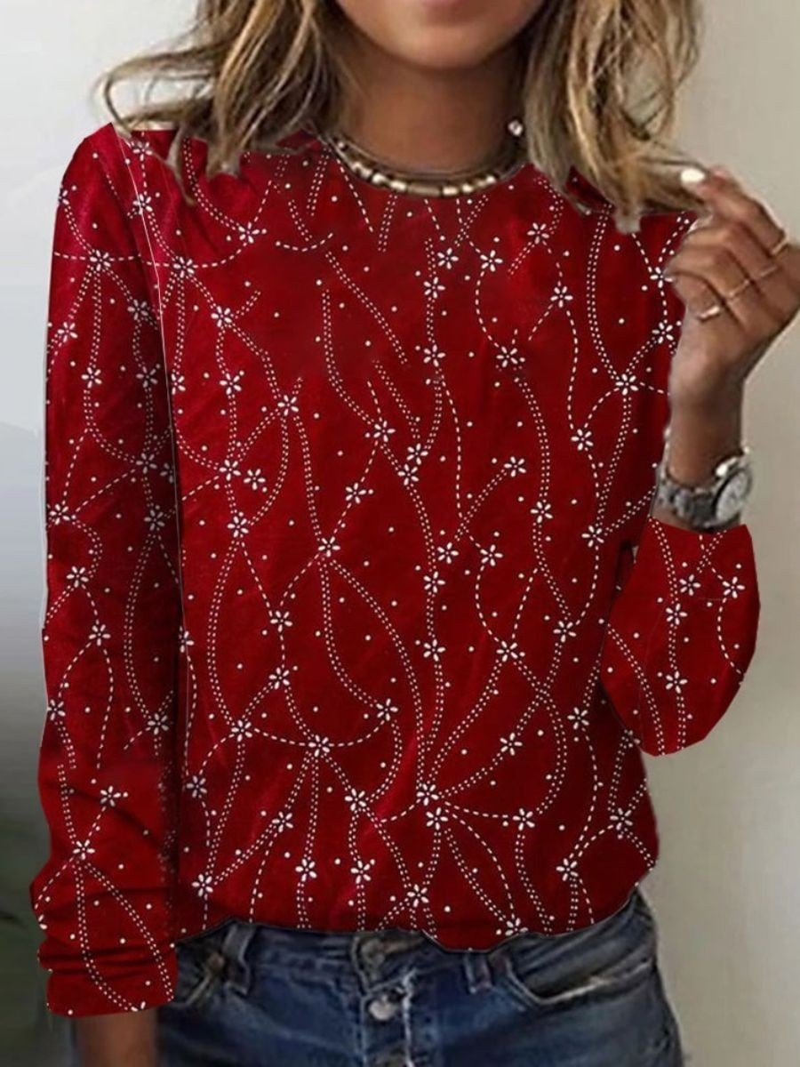 Blusa casual estampada roja con cuello redondo y manga larga