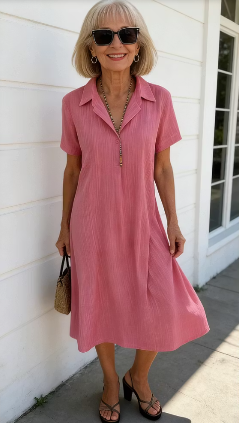 Vestido holgado liso de algodón con escote en pico y manga corta