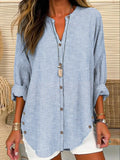 Blusa casual de rayas con escote en pico, manga larga y hebilla