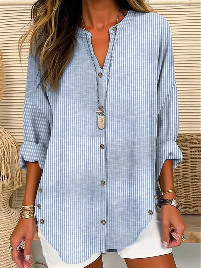 Blusa casual de rayas con escote en pico, manga larga y hebilla
