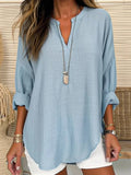Blusa casual holgada lisa con escote en pico y manga larga