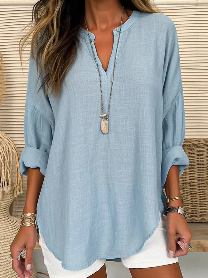 Blusa casual holgada lisa con escote en pico y manga larga