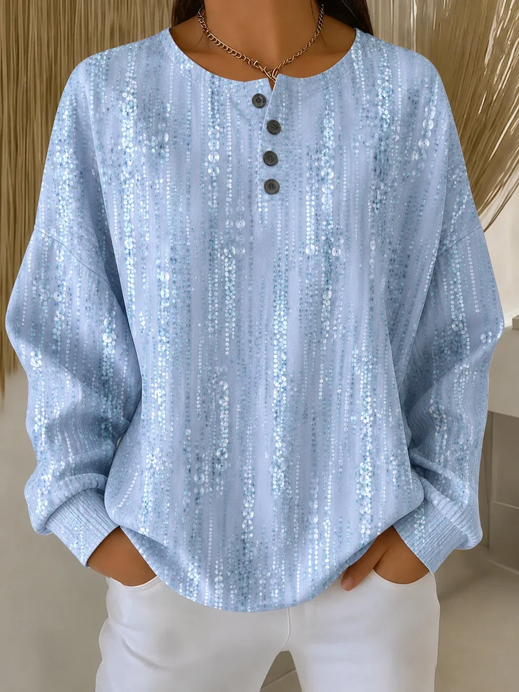 Sudadera abstracta azul con cuello redondo, manga larga y botones