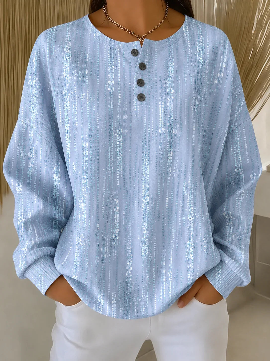 Sudadera abstracta azul con cuello redondo, manga larga y botones