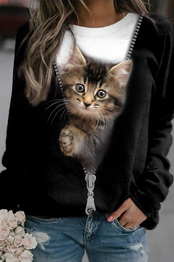 Sudadera urbana de gatos negra con cuello redondo y manga larga