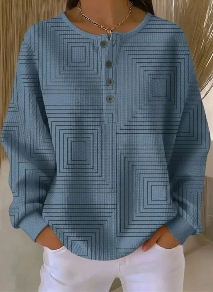 Sudadera geométrica de tejido gofre con cuello henley y botones