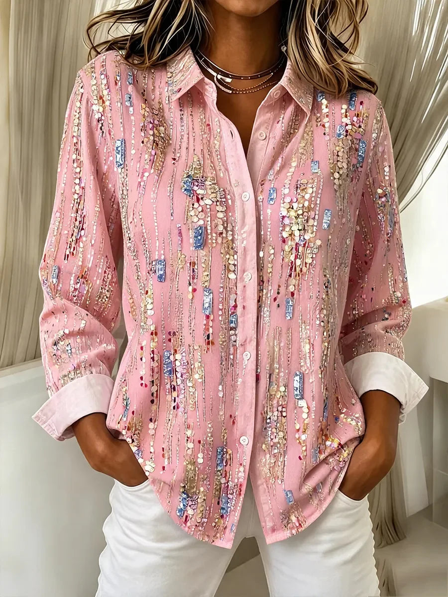 Camisa holgada abstracta con cuello camisero, manga larga y botones · Hebilla