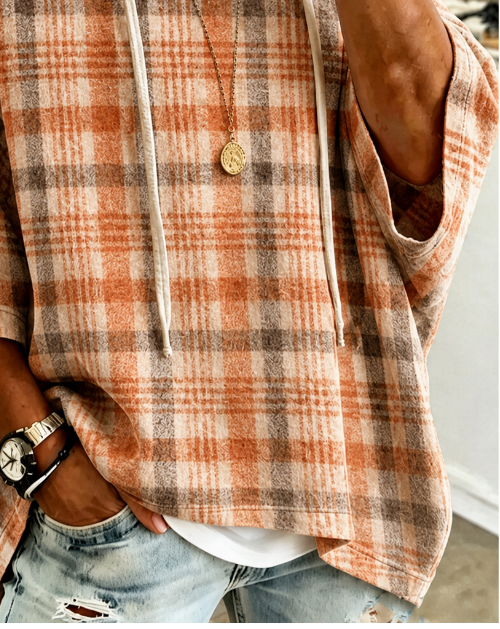 Top de cuadros con capucha, manga francesa y cordón ajustable — foto 2